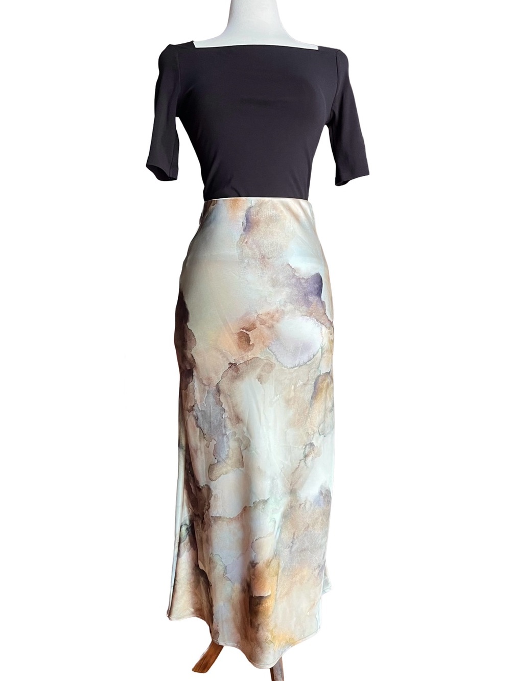 Zara Satin Midi Skirt XS Neutral Watercolour Print NWOT